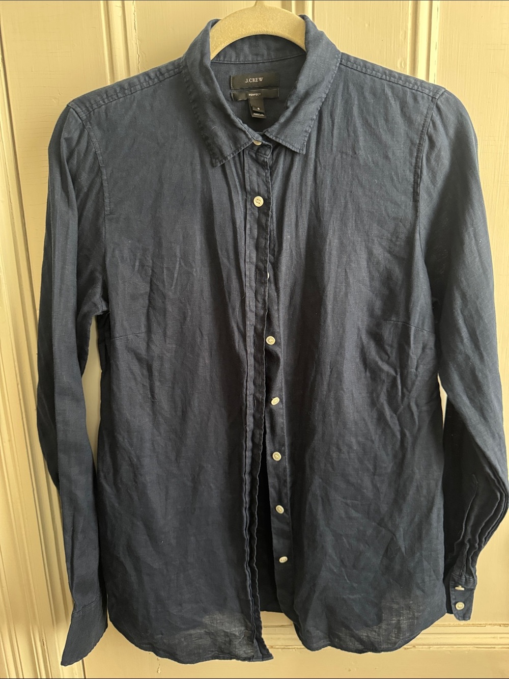 J. Crew Women’s Linen “Perfect” Navy Button-Down Shirt